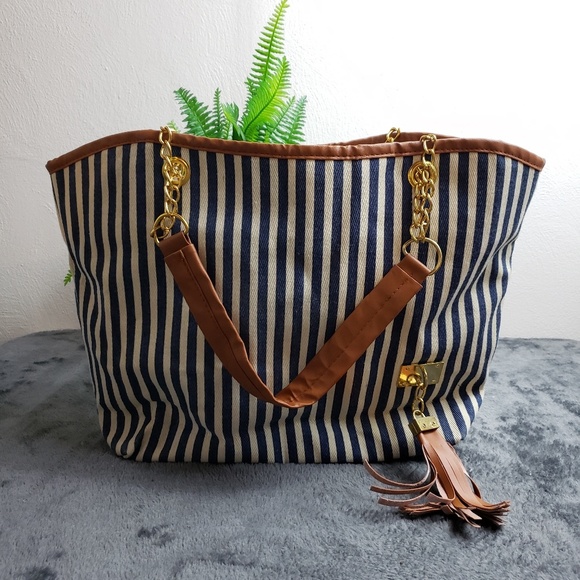 Handbags - Navy and Conjac Striped Handbag